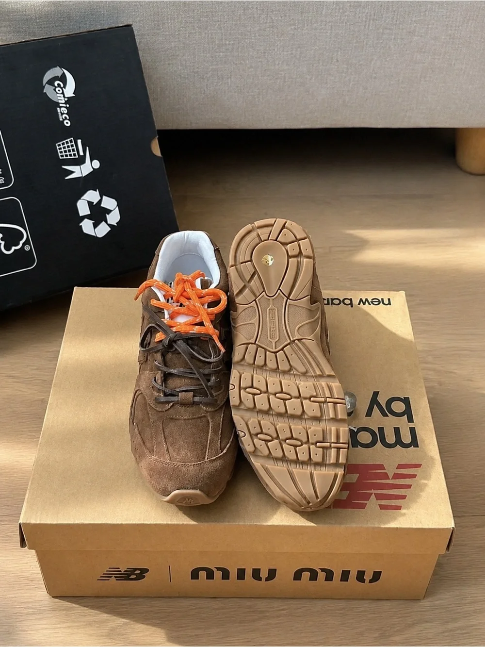 Miu Miu Brown Suede Men's Sneakers with Cream and Orange Laces